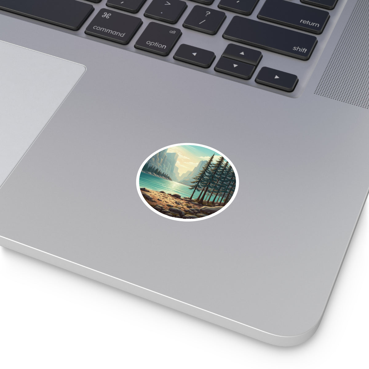 Lakefront Pines Round Sticker — Scenic Outdoor Nature Vinyl Decal
