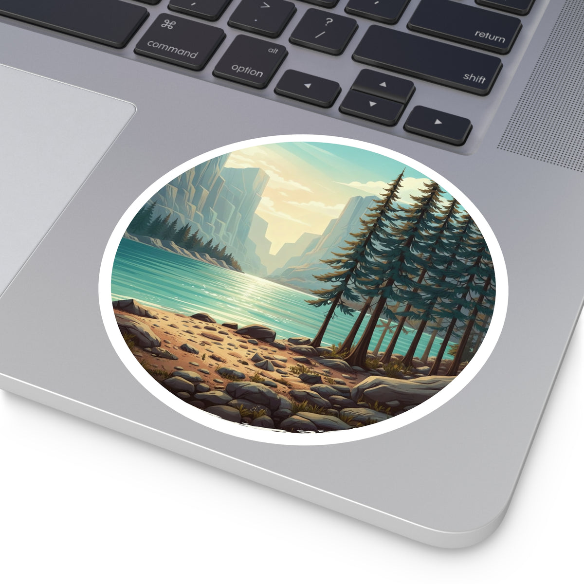 Lakefront Pines Round Sticker — Scenic Outdoor Nature Vinyl Decal
